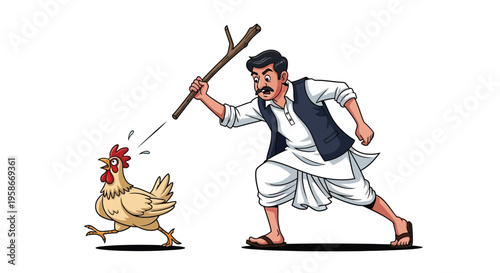 Cartoon man chases a running chicken with a stick vibrant silhouette