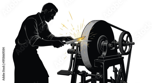 A blacksmith sharpening a blade against a grinding wheel dramatic silhouette