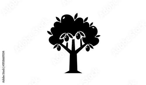A minimalist black silhouette of a tree with leaves and fruit