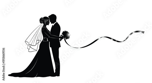 Newlywed couple embracing closely a romantic black silhouette high quality professional