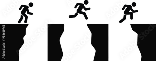 Sequential black stick figures demonstrating the act of jumping from one high platform to another