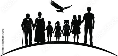 Family unity silhouette, children holding hands, parents with kids, elderly man with cane, bird flying above, generational bond, community, love, togetherness