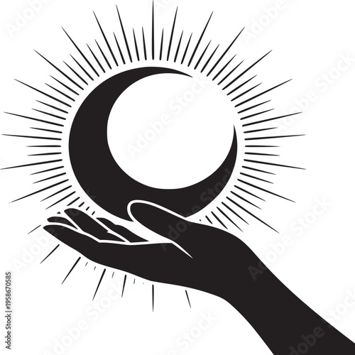 A graphic illustration of a crescent moon with radiating lines held in a silhouetted hand design