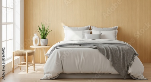 Modern bedroom with cozy bed and minimalist decor against a warm wooden wall