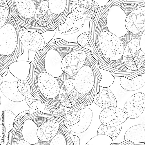 Seamless background. Easter pattern. Easter eggs. Coloring page. Black line.