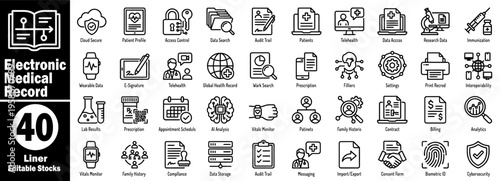 Electronic medical record icon set. Collection of cloud secure, patient profile, access control, data search, audit trail, patients, telehealth, data access, research data vector illustration.