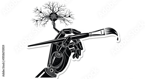 Robotic hand painting a tree blending technology and nature silhouette