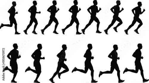 Running silhouettes, motion sequence, athletic stride phases, human biomechanics, sports training concept, sprint posture, exercise movement, dynamic runner illustration, fitness, speed