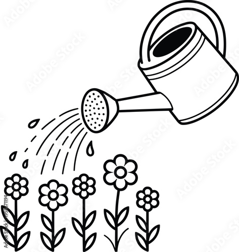 Black and white illustration of a watering can pouring water on flowers coloring page