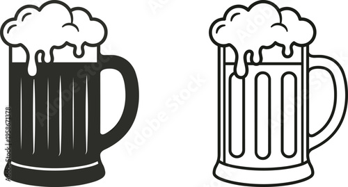 Beer mug icon set, frothy beer glass vector illustration, ale pint outline and solid collection, bar beverage symbol, minimal design elements