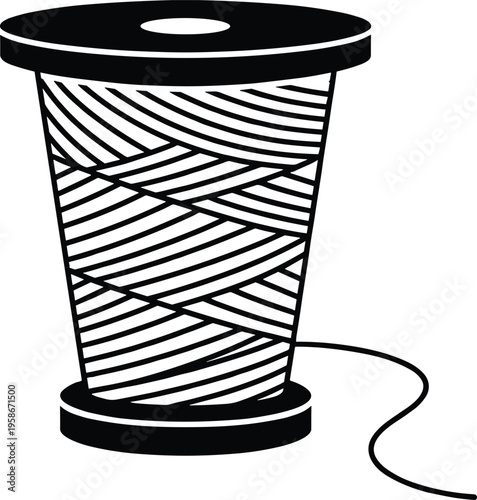 Thread spool illustration, sewing yarn reel icon, textile craft equipment symbol, tailoring supply design, black and white minimal vector isolated on background