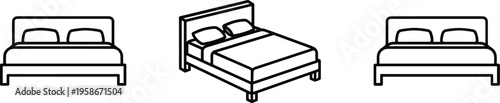 Modern bed icon set, bedroom furniture vector illustration, double bed outline collection, home interior sleeping concept, minimal blue line design elements