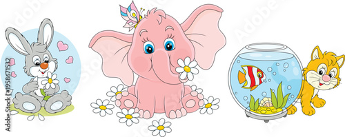 Vector collection of a little elephant and a bunny with flowers, a kitten and an aquarium fish