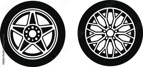 Modern car alloy wheel set, five spoke and multi spoke rim design, automotive tire illustration, black and white vector isolatedModern car alloy wheel set, five spoke and multi spoke rim design, autom