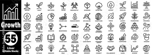 Growth concept liner icons set. 55 flat linear editable stock icons for business growth and finance management vector illustration.