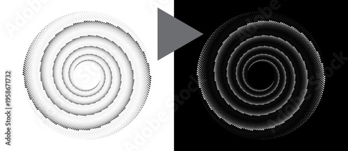 Abstract spiral halftone pattern with triangular geometric elements. Minimalist vector illustration of a swirling digital vortex or cosmic energy flow isolated on black and white backgrounds.