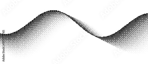 Abstract halftone wave pattern with small dots and crosses. Minimalist vector illustration of a flowing digital signal or sonic wave isolated on white background.