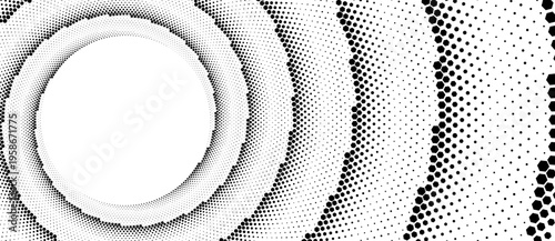 Abstract wide spiral halftone pattern with hexagonal shapes. Minimalist vector illustration of a swirling digital honeycomb vortex or geometric flow isolated on white background.