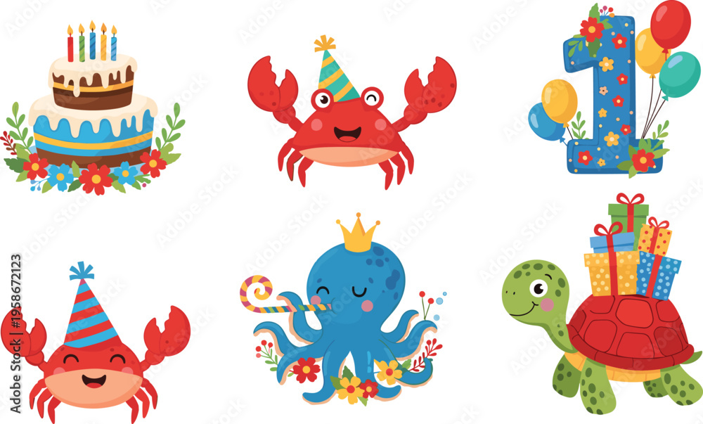 Naklejka premium Colorful cartoon birthday celebration with cake, sea creatures, balloons, presents, and playful decorations for children’s party design.