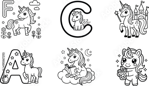 Unicorn illustrations for kids coloring book pages with alphabet letters and fantasy scenes 