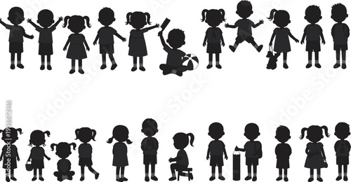 Silhouette children activities, kids playing, jumping, sitting, waving, holding toys, child posture, black outline, vector design, sports, education, fun illustration