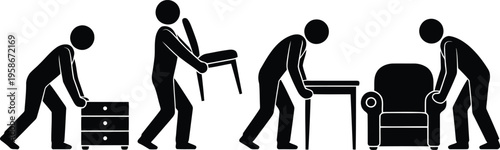Simple black stick figures engaged in the laborious task of moving various pieces of furniture