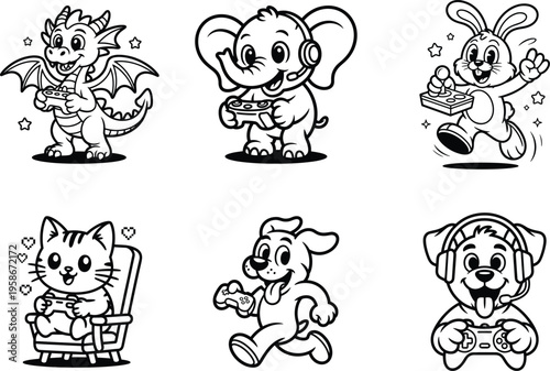 Cute cartoon animals playing video games with controllers and accessories coloring page