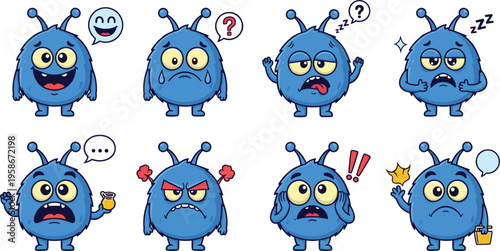 Cartoon blue creatures with antennae showing happy, sad, angry, sleepy, surprised, and worried emotions for children’s design.