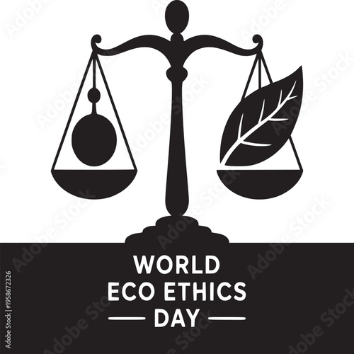 Black and white illustration of scales with a leaf and a circle for world eco ethics day event