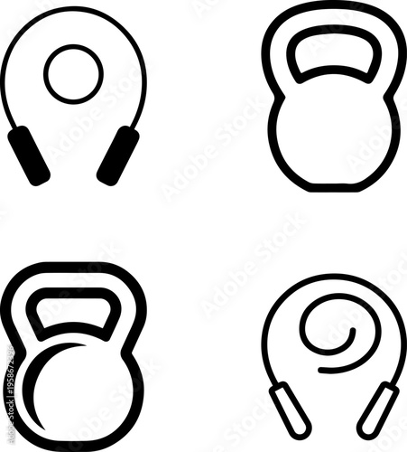 Collection of four stylized icons representing fitness equipment: two kettle bells and two jump ropes, presented in a clean, minimalist line