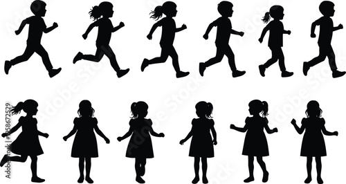 Silhouette children running walking motion, black outline kids activity, athletic movement cycle, walking posture, running action, sports illustration, vector design, child exercise