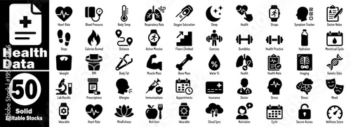 Health data collection icons set. Collection of 50 solid editable stock icons for healthcare and medical data concept vector illustration.
