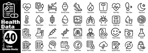 Health data collection icons set. 40 line editable stock icons for healthcare and medical data concept vector illustration.