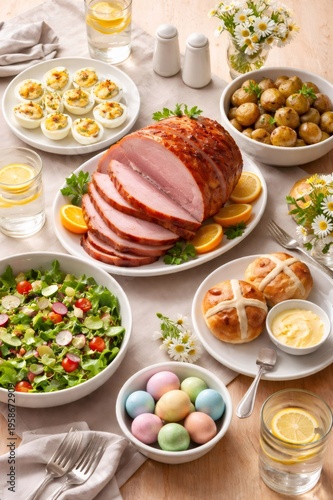 Table setting featuring a festive Easter holiday meal with a sliced glazed ham, deviled eggs, roasted potatoes, salad, hot cross buns, and pastel colored eggs