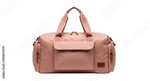 Stylish dusty rose duffel bag with multiple pockets and convenient handles for travel and gym activities transparent background