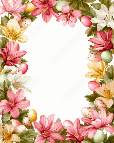 Elegant Floral Easter Frame With Spring Flowers And Decorative Eggs Border