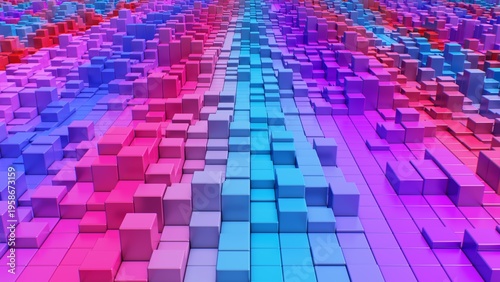 Fly Over Field Of Abstract Colorful Pink Blue Cubes Moving Up Down - Abstract Background Texture