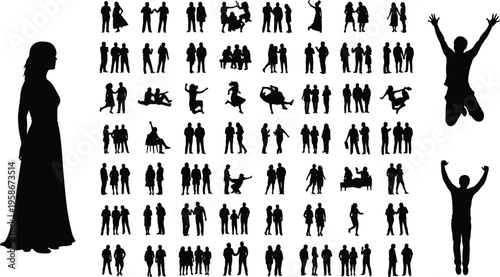 Silhouette people collection, group poses, human interaction, teamwork, dancing, jumping, hugging, sitting, communication, friendship, lifestyle, celebration, social