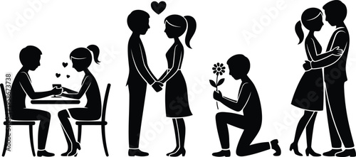 Stylized black figures illustrate a journey of love with dates proposals and heartfelt embraces