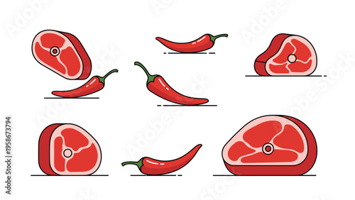 Visual graphics of raw meat steaks paired with red hot chili peppers symbolizing spicy cooking and fresh ingredients for meals.