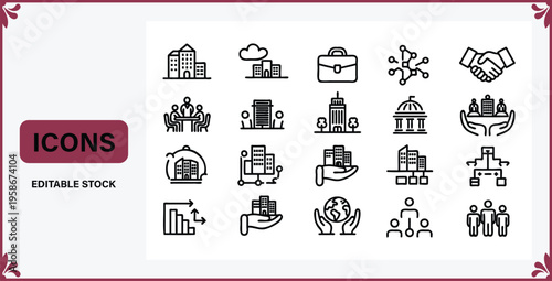 Collection of business and finance related line icons  people buildings technology and more