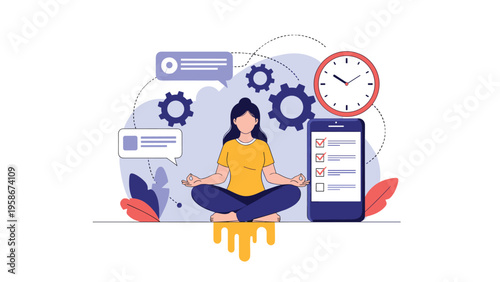 Busy woman practices yoga and meditation in a lotus pose to find balance and mental clarity among work tasks and schedules.