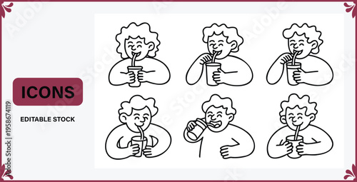 A set of six line icons depicting people drinking from cups with straws in various smiling poses and expressions  Editable stock illustration