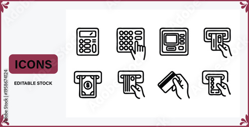 Collection of black line icons for business and finance concepts  payment  calculator  banking  money  transactions