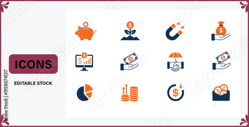 Collection of business finance and investment icons on white background  various colorful symbols for money management