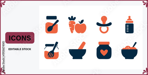 Collection of colorful baby food and kitchen utensil icons on white background for graphic design