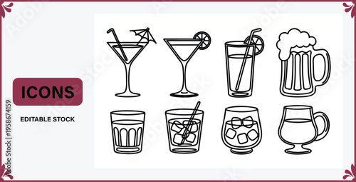 Collection of line art cocktail and beer glasses icons  various drinkware for menu design and beverage illustration