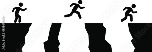 Three black stick figures illustrate a person successfully jumping across a gap or chasm with determination