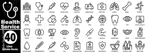 Health Service and Healthcare assistance icons. Showing patient care essentials, including vaccines, medicine, test tubes, internal organs, muscle joints, and specialized nursing vector illustration.