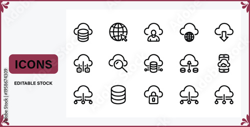 Editable stock icons of cloud computing and database management systems and online storage solutions